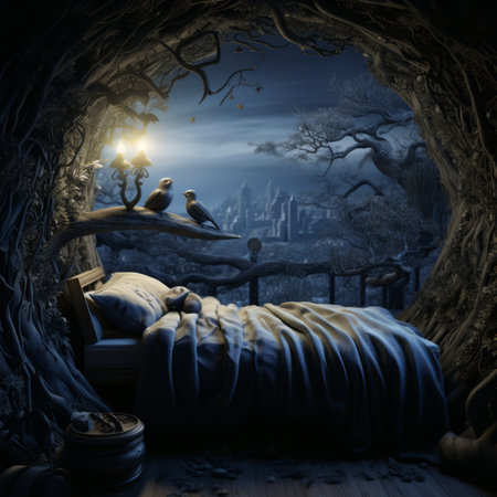 a bedroom with a bed and a lamp in itの素材