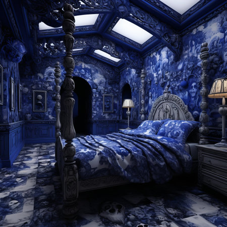 a bedroom with blue walls and blue furnitureの素材