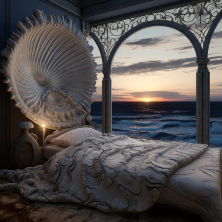 a bed with a shell on top of it in front of the oceanの素材