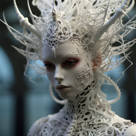 a close up of a woman with white hair and horns on her headの素材