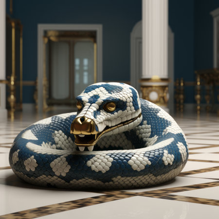 a blue and white snake is sitting on a marble floorの素材