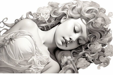 a black and white drawing of a woman with curly hairの素材