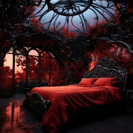 a bedroom with a red bed surrounded by treesの素材