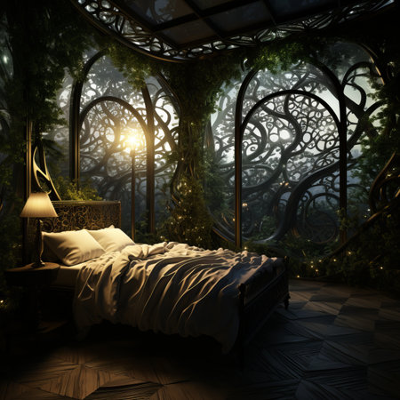 a bedroom with a bed in the middle of a forestの素材