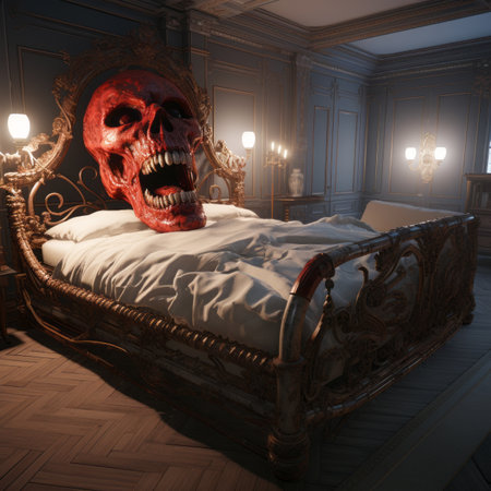 a bed with a red skull on top of itの素材
