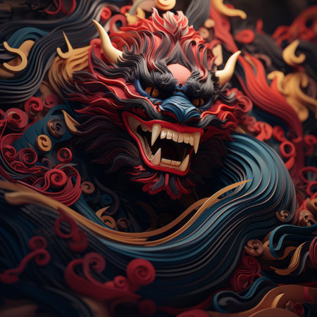 a chinese dragon with red blue and black hairの素材