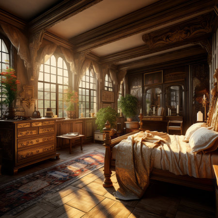 a bedroom with a large bed and lots of windowsの素材