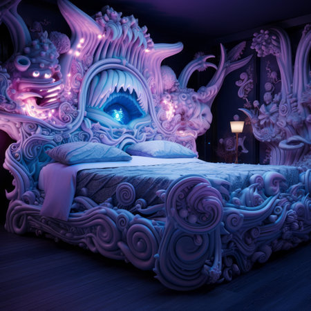 a bed with a large headboard made out of blue and purple decorationsの素材