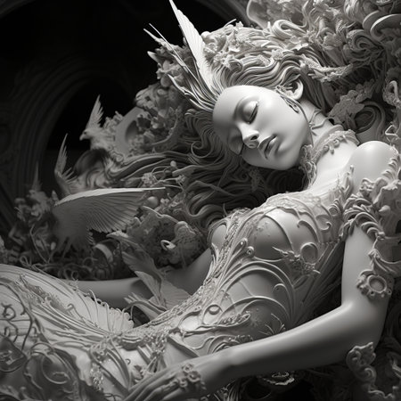 a black and white photo of a woman with flowers on her headの素材