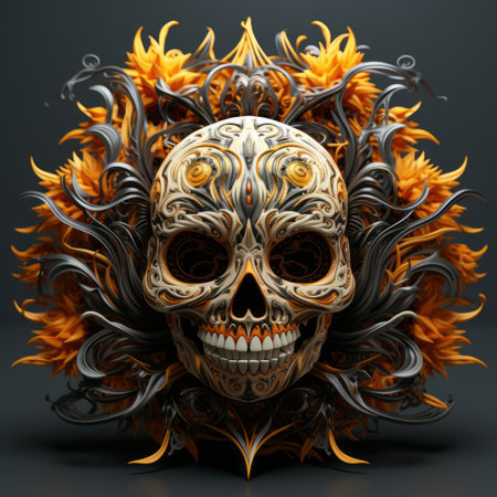 3d illustration of a skull with flowers on a black backgroundの素材