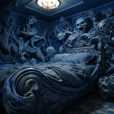 a bed with a lot of skulls on itの素材