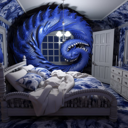 a blue and white bedroom with a large blue and white monster on the wallの素材