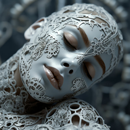 a close up of a womans face covered in laceの素材
