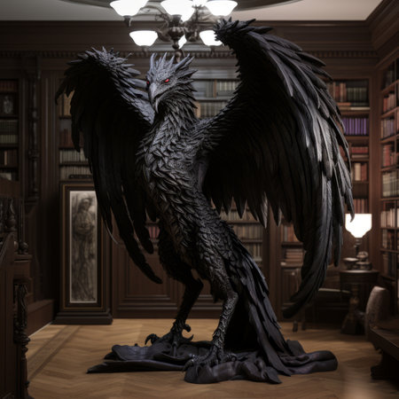 a large black bird statue in the middle of a libraryの素材