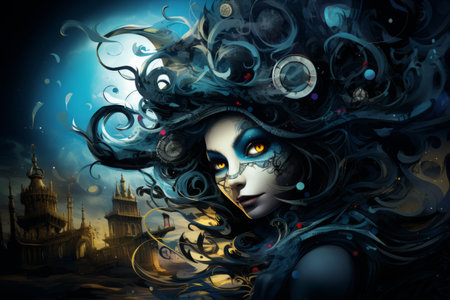 a digital painting of a woman with long hair and a castle in the backgroundの素材