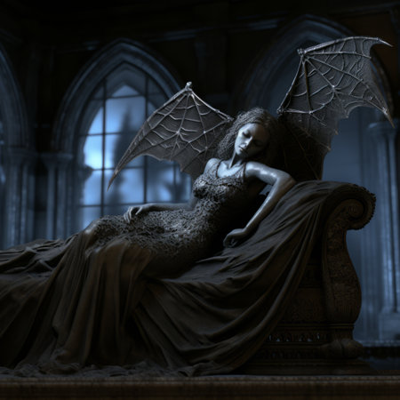 a gothic woman with wings laying on a bedの素材