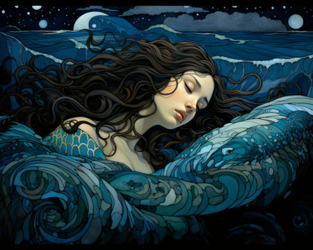 a painting of a mermaid sleeping in the oceanの素材