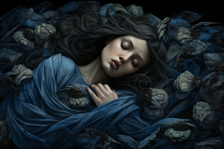 a painting of a woman sleeping in a bed surrounded by flowersの素材
