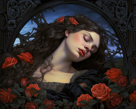 a painting of a woman sleeping in a bed surrounded by red rosesの素材