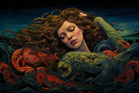 a painting of a woman with long hair in the oceanの素材