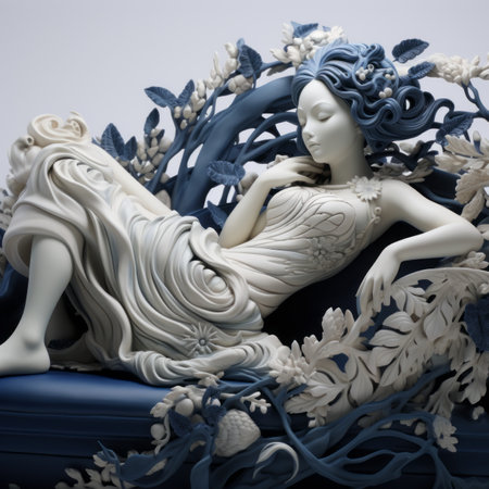a sculpture of a woman laying on a blue couchの素材