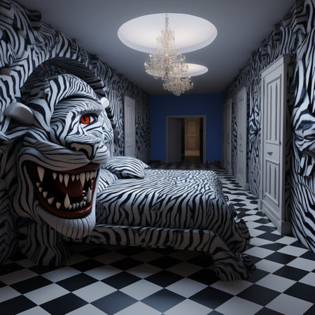a room with a zebra head on the bed and a chandelierの素材