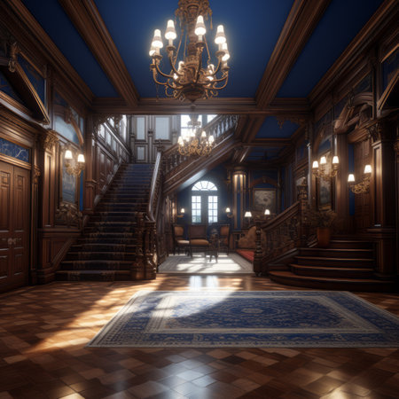 a room with a chandelier and wooden floorsの素材