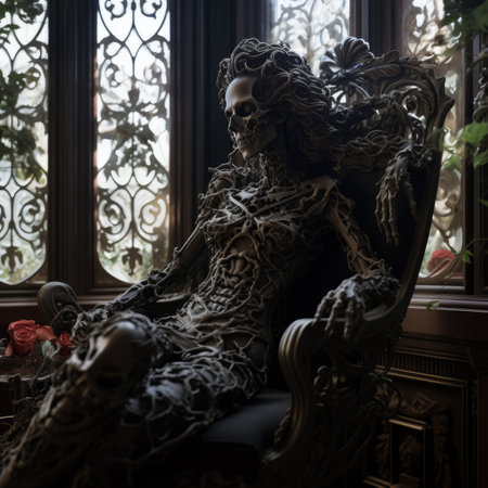 a skeleton sitting on a chair in front of a windowの素材