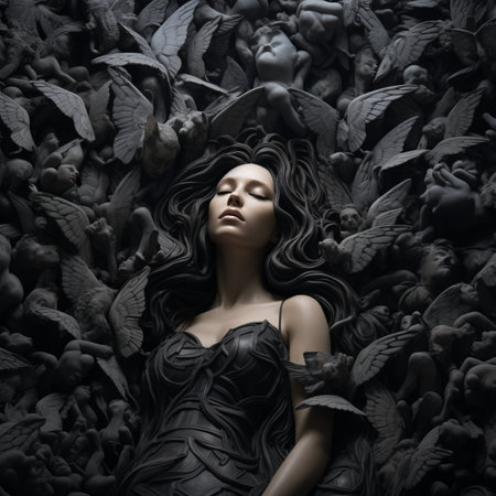 a woman in a black dress surrounded by black angelsの素材