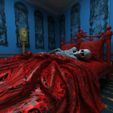 a skeleton laying on a bed in a roomの素材