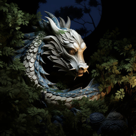 a statue of a dragon in the dark with a full moon in the backgroundの素材