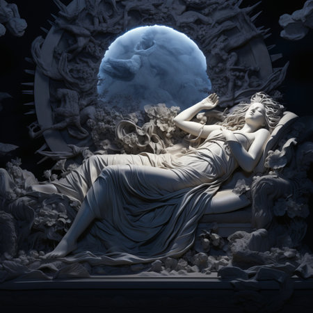 a statue of a woman laying on a bed with the moon in the backgroundの素材