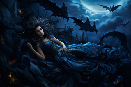 a woman in a blue dress laying on the ground with bats flying around herの素材