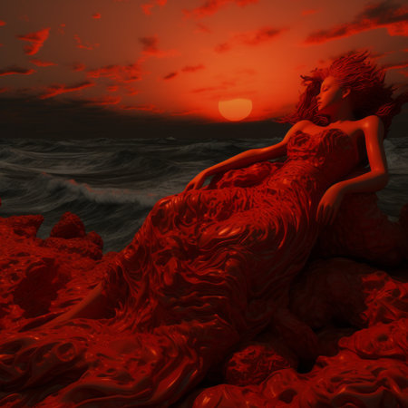 a woman in a red dress laying on a rock by the oceanの素材