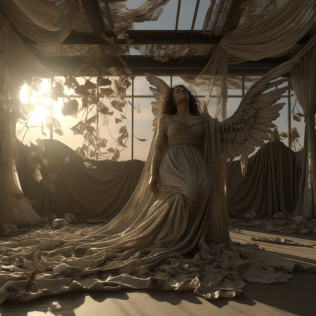 a woman in a white dress sitting on a bed with an angel wingsの素材