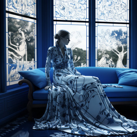 a woman sitting on a blue couchの素材