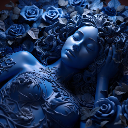 a woman is surrounded by blue rosesの素材