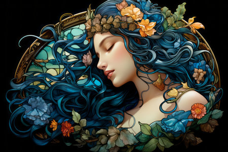 a woman with blue hair and flowers in her hairの素材
