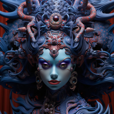 a woman with blue and red makeup on her headの素材