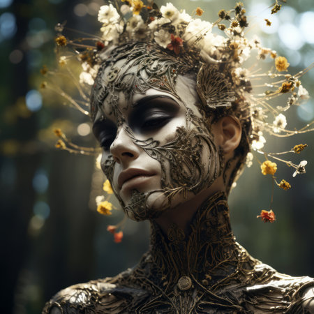 a woman with flowers on her face in the woodsの素材
