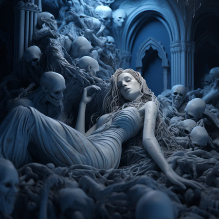 a woman laying on a pile of skulls in a dark roomの素材