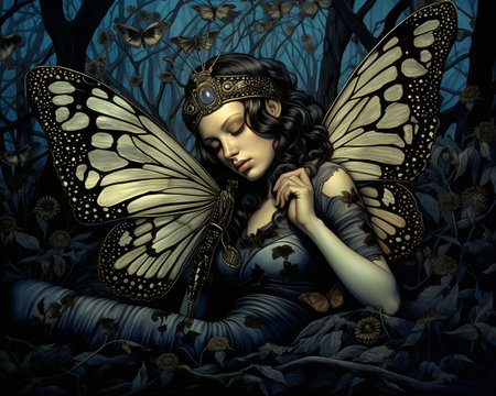 a woman with butterfly wings is sitting in the woodsの素材