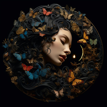 a woman with long black hair is surrounded by butterfliesの素材