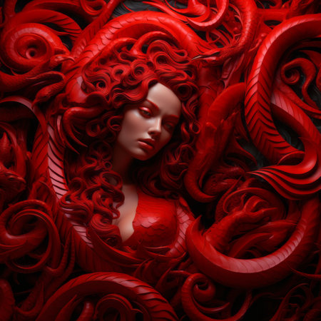 a woman with long red hair is surrounded by red snakesの素材