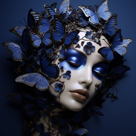 a womans face with blue butterflies on her headの素材