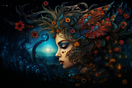 an artistic painting of a woman with flowers in her hairの素材