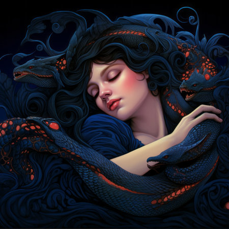 an illustration of a woman sleeping with a snake on her headの素材