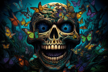 an image of a skull surrounded by butterfliesの素材