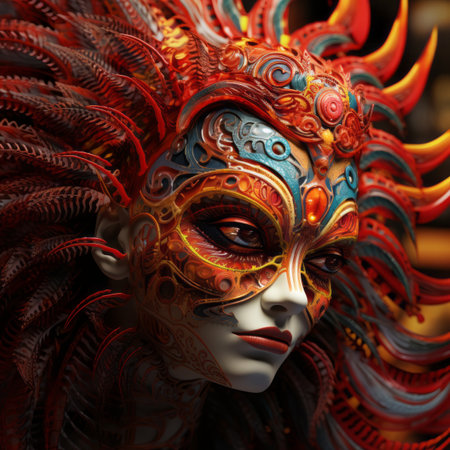 an image of a woman with red and blue feathers on her faceの素材