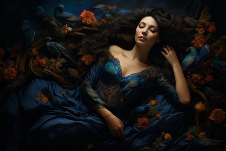 a woman in a blue dress surrounded by birdsの素材